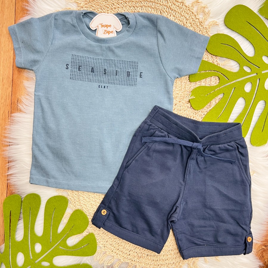 Conj. Camiseta Seaside e Bermuda em Moletinho - Azul Jeans